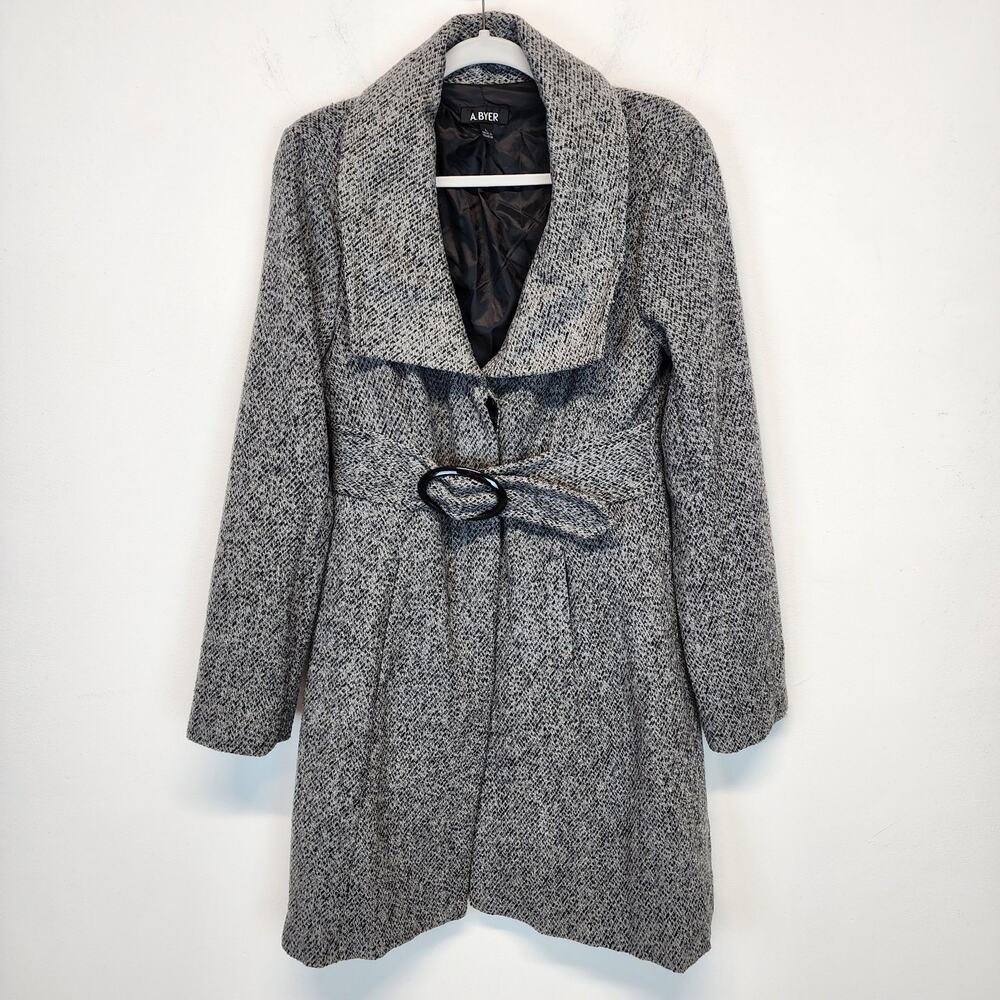 A. Byer Womens Pea Coat Size L Gray Longline Collared Belted Wool Blend Vtg Y2K